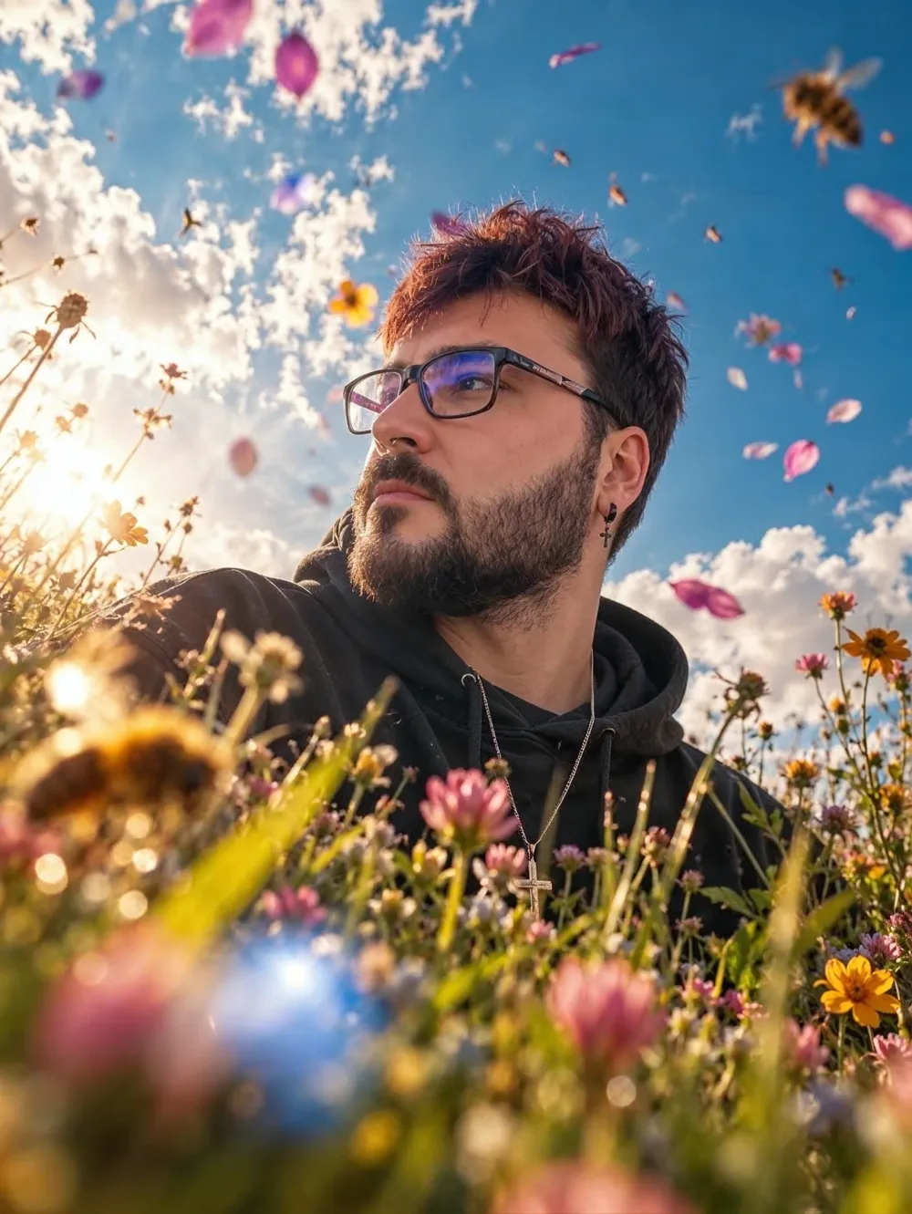 Jirka v rozkvetlé louce, v brýlích a černé mikině, nad ním modrá obloha a vznášející se okvětní lístky