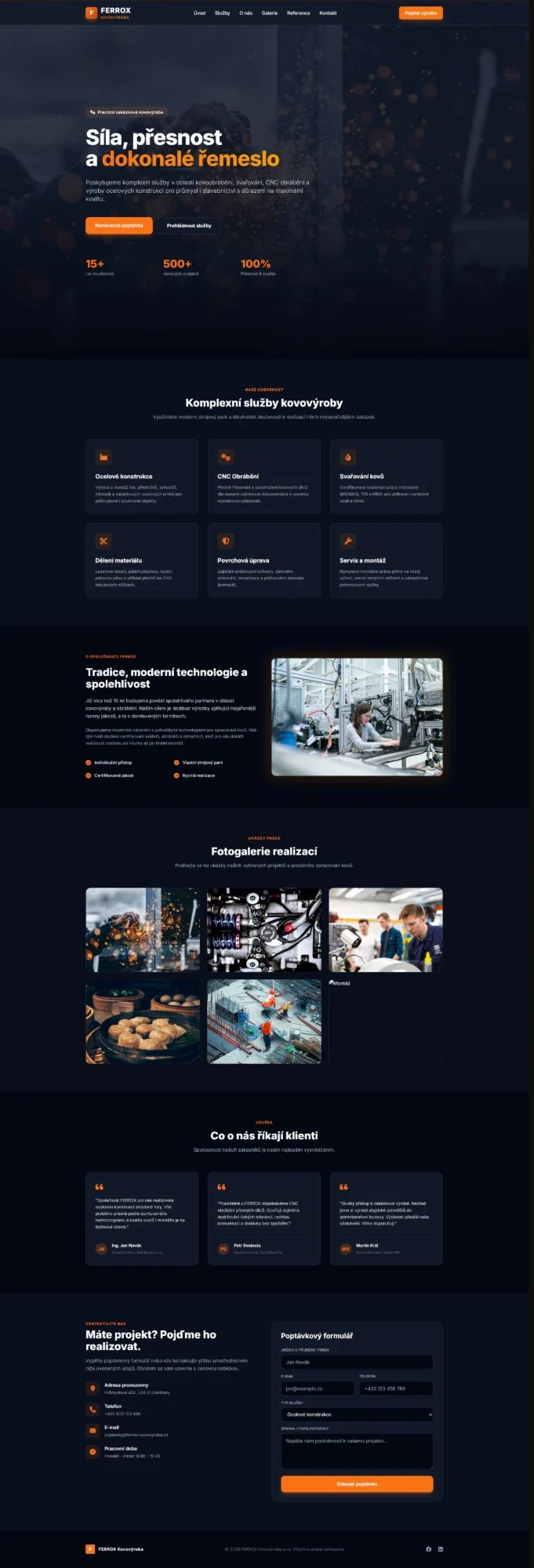 Celý web Ferrox od hlavičky s nadpisem Síla, přesnost a dokonalé řemeslo přes služby, galerii až po poptávkový formulář