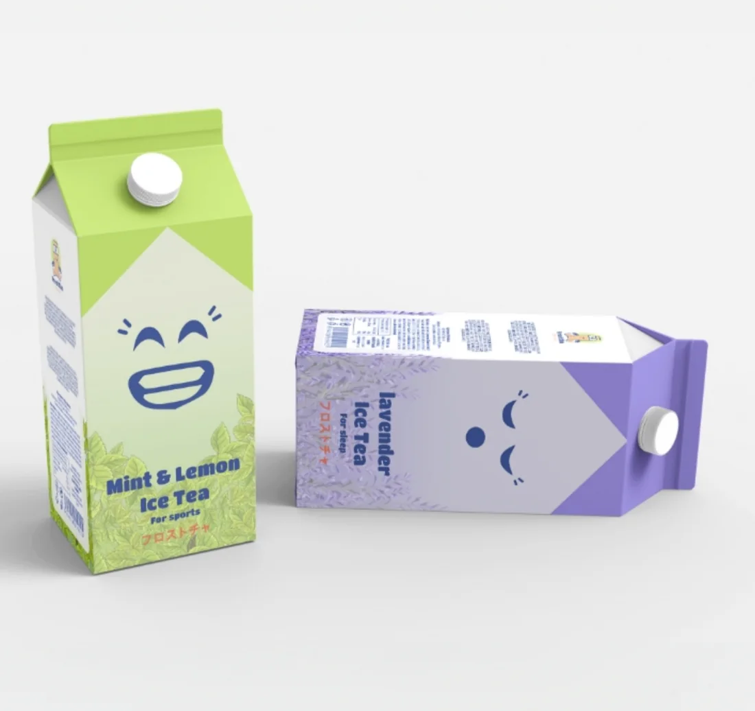 Dvě krabice ledového čaje FrostCha: zelená Mint & Lemon s usměvavou tváří a fialová Lavender s tváří se zavřenýma očima