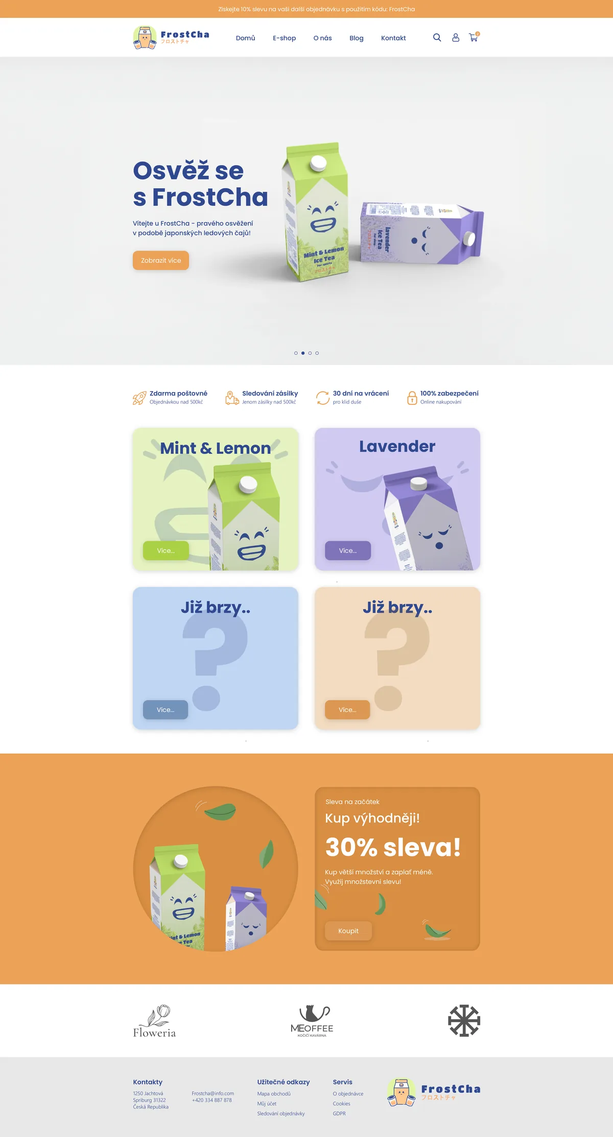 Celý návrh e-shopu FrostCha od hlavičky přes banner s krabicemi, karty příchutí a slevový banner až po patičku