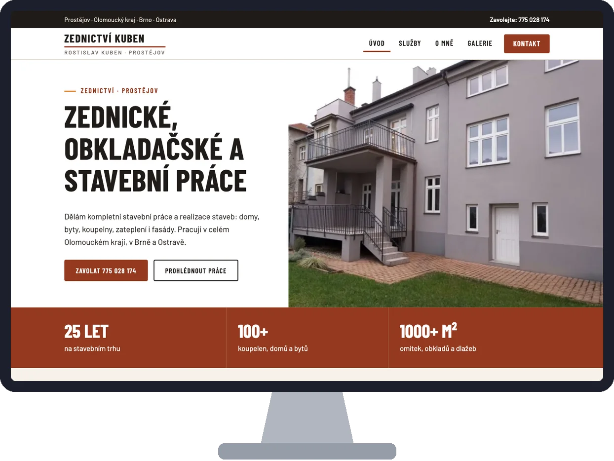 Web Zednictví Kuben na monitoru: úvod s nadpisem Zednické, obkladačské a stavební práce a fotkou domu
