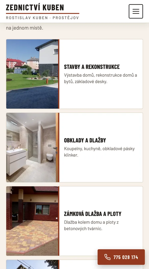 Web Zednictví Kuben v mobilu po odrolování: karty služeb a plovoucí tlačítko s telefonním číslem vpravo dole