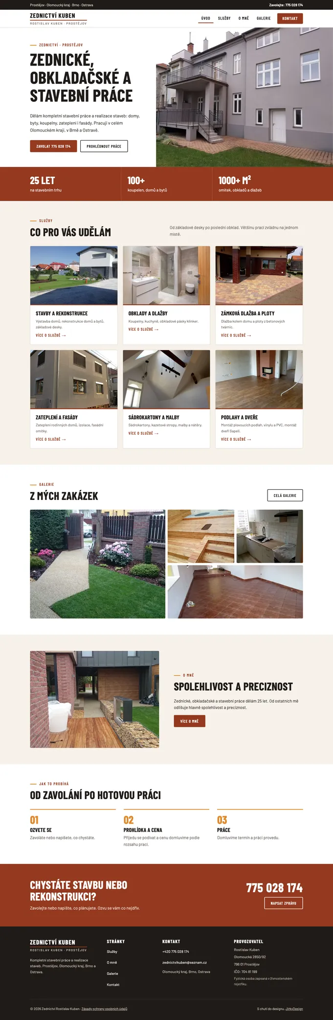 Celý web Zednictví Kuben od hlavičky s nadpisem Zednické, obkladačské a stavební práce přes služby a galerii až po kontakt