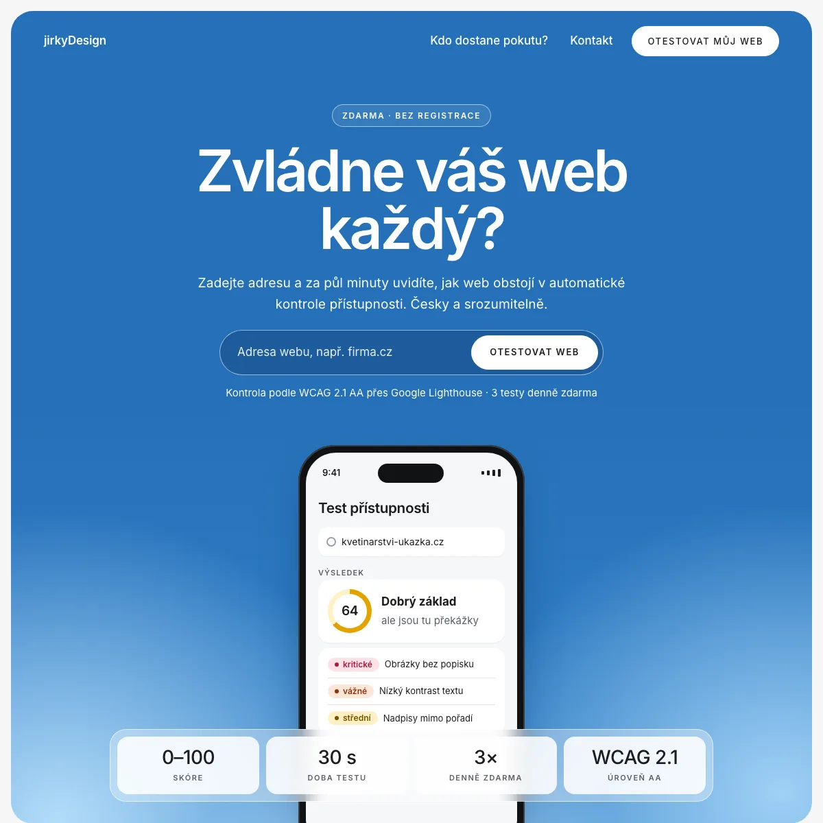 Úvodní stránka webu Test přístupnosti: nadpis Zvládne váš web každý, pole pro adresu webu a telefon s ukázkou výsledku testu