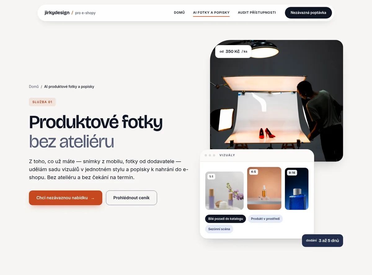 Podstránka AI produktové fotky a popisky: Produktové fotky bez ateliéru a ukázka vizuálů v různých poměrech