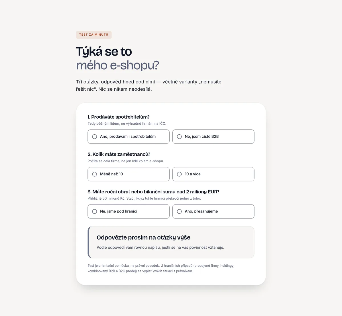 Sekce Týká se to mého e-shopu s krátkým testem o třech otázkách