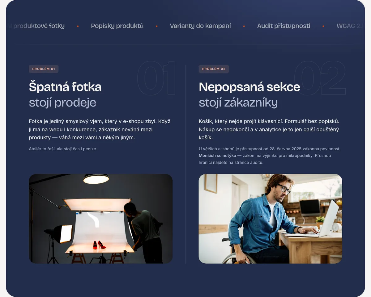 Sekce webu Dva problémy, které řeším: Špatná fotka stojí prodeje a Nepopsaná sekce stojí zákazníky, s ilustračními fotkami