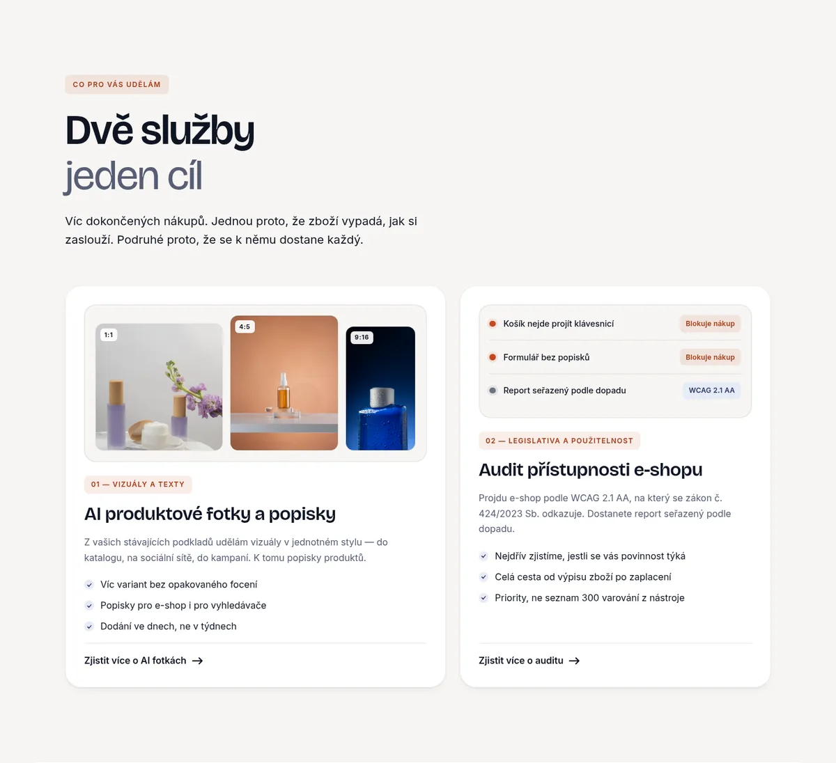 Sekce webu Dvě služby, jeden cíl: karta AI produktové fotky a popisky a karta Audit přístupnosti e-shopu