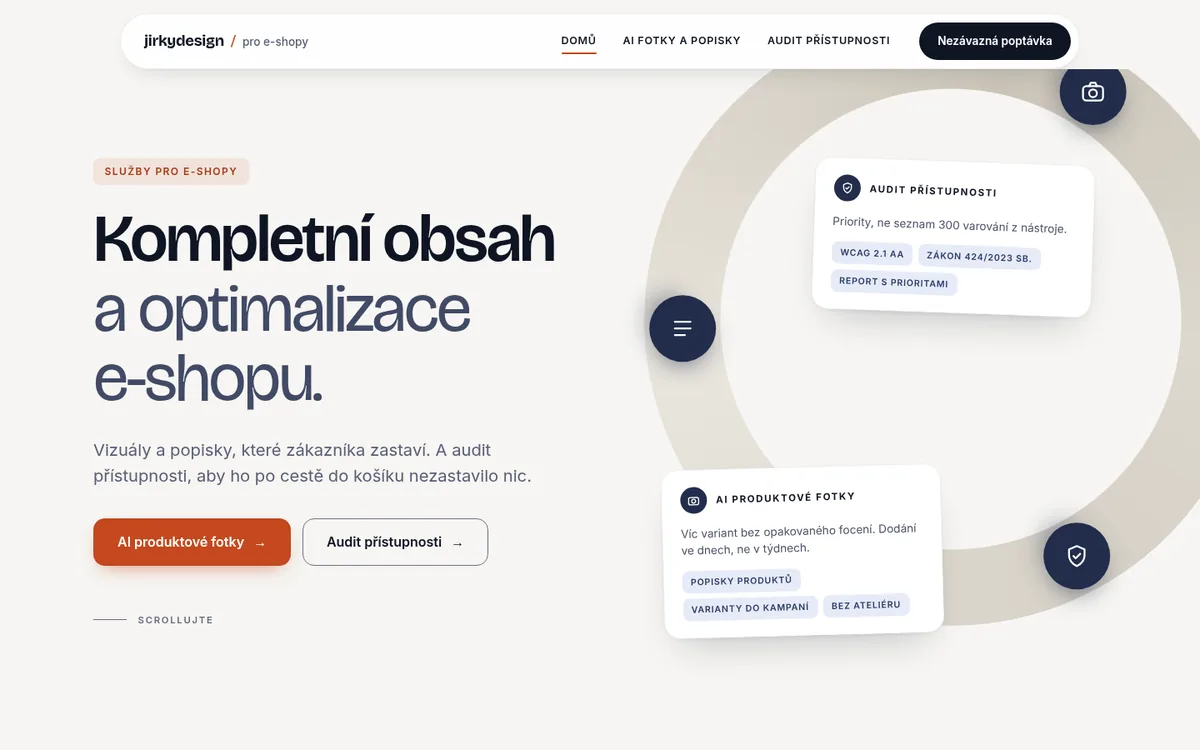 Úvodní stránka webu Pro e-shopy: nadpis Kompletní obsah a optimalizace e-shopu, dvě tlačítka a karty se službami